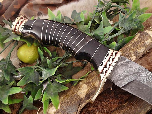 Damascus Steel Kukri Knife 15 Inches custom made Hand Forged With 10' long blade, Bull horn scale with engraved brass finger guard, Cow Leather...