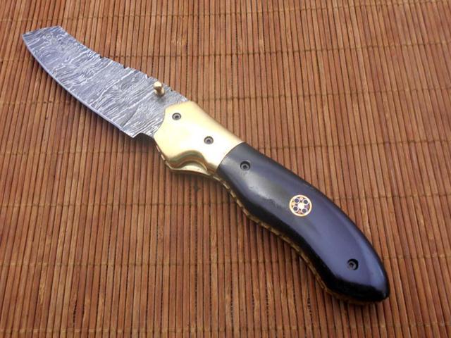 8' Tanto blade folding knife, Natural Ram horn scale, Hand forged Twist Pattern Damascus steel, Equipped with Thumb pin & liner lock, Cow hide...
