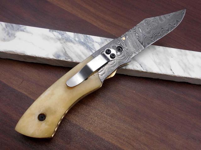 8.3' long hand forged custom made Damascus steel pocket clip folding knife, White Camel bone scale, cow leather sheath White
