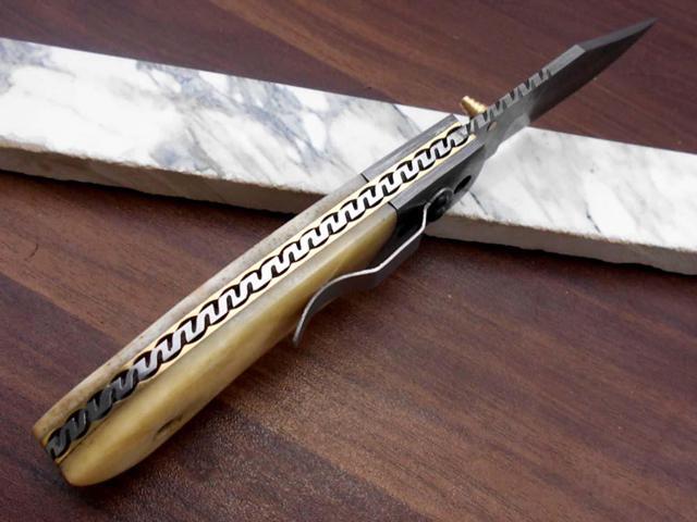 8.3' long hand forged custom made Damascus steel pocket clip folding knife, White Camel bone scale, cow leather sheath White