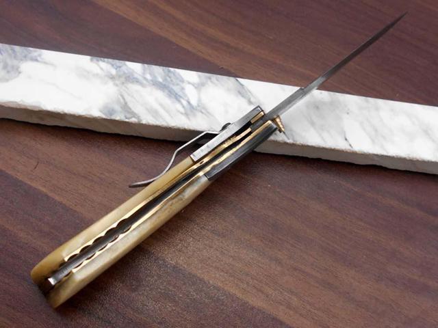 8.3' long hand forged custom made Damascus steel pocket clip folding knife, White Camel bone scale, cow leather sheath White