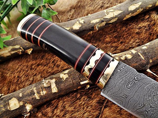 9.5' Long Damascus steel Skinning Knife hand forged Twist pattern Damascus steel, Bull horn round scale crafted with engraved brass spacer & cap,...