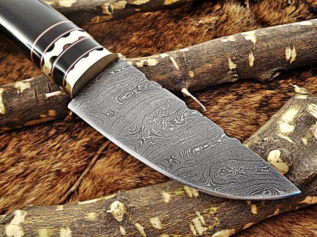 9.5' Long Damascus steel Skinning Knife hand forged Twist pattern Damascus steel, Bull horn round scale crafted with engraved brass spacer & cap,...