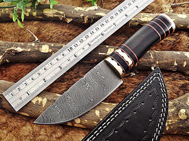 9.5' Long Damascus steel Skinning Knife hand forged Twist pattern Damascus steel, Bull horn round scale crafted with engraved brass spacer & cap,...