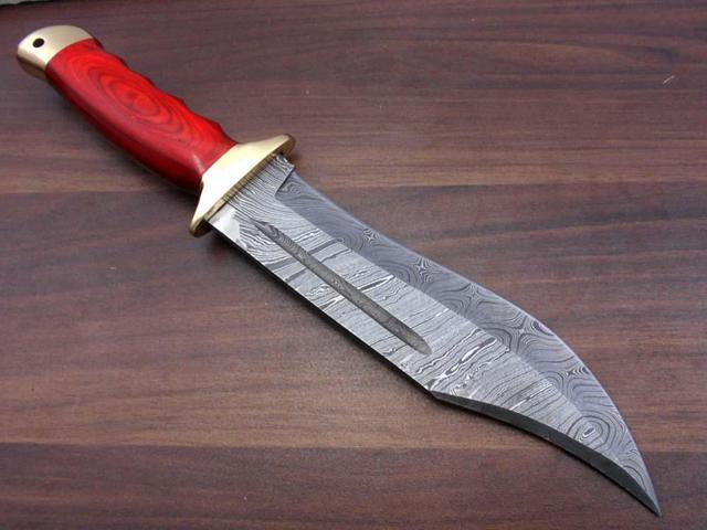 13 Inches long Damascus steel custom made hunting Bowie Knife, Red wood scale with brass finger guard and cap cow hide leather sheath Red