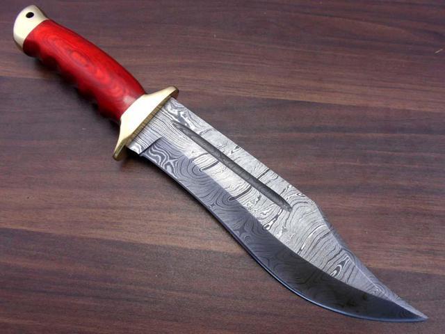 13 Inches long Damascus steel custom made hunting Bowie Knife, Red wood scale with brass finger guard and cap cow hide leather sheath Red