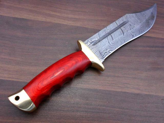13 Inches long Damascus steel custom made hunting Bowie Knife, Red wood scale with brass finger guard and cap cow hide leather sheath Red
