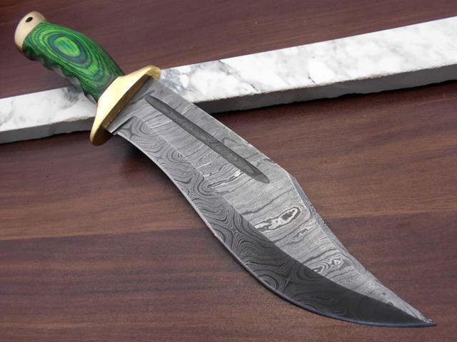 13 Inches long Damascus steel custom made hunting Bowie Knife, Green colored wood scale with brass finger guard and cap cow hide leather sheath