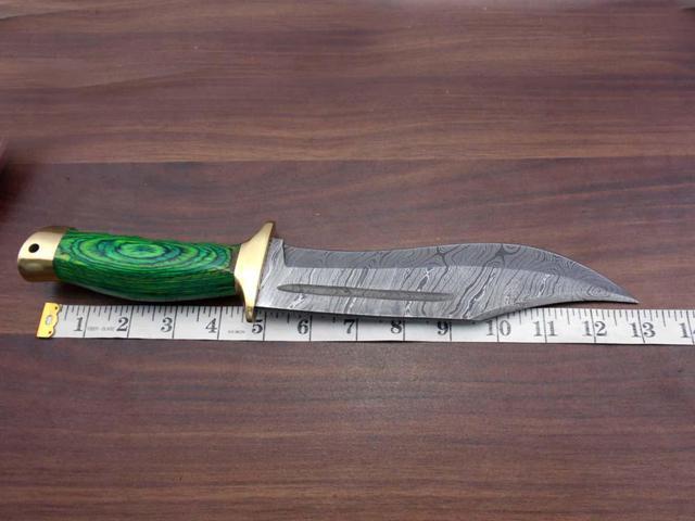 13 Inches long Damascus steel custom made hunting Bowie Knife, Green colored wood scale with brass finger guard and cap cow hide leather sheath