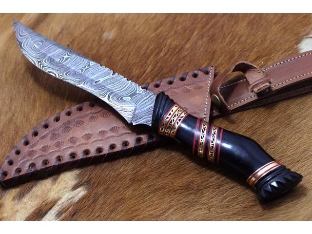 13' Long hand forged Damascus steel skinning knife, Engraved Bull Horn scale crafted with engraved brass & Camel bone spacer hunting knife, Cow...