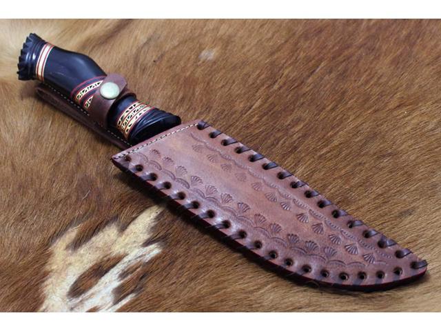 13' Long hand forged Damascus steel skinning knife, Engraved Bull Horn scale crafted with engraved brass & Camel bone spacer hunting knife, Cow...