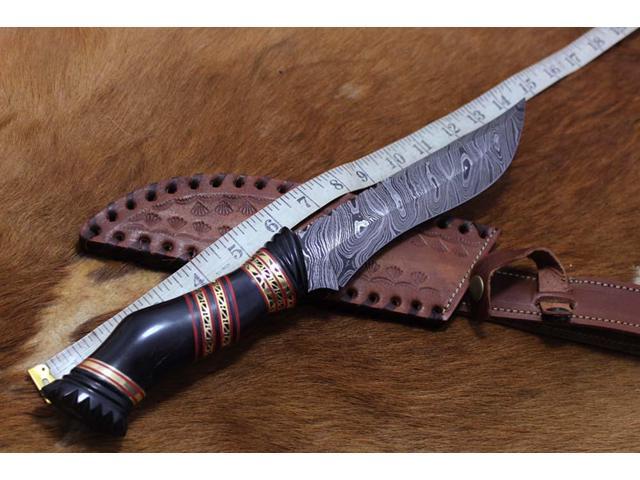 13' Long hand forged Damascus steel skinning knife, Engraved Bull Horn scale crafted with engraved brass & Camel bone spacer hunting knife, Cow...