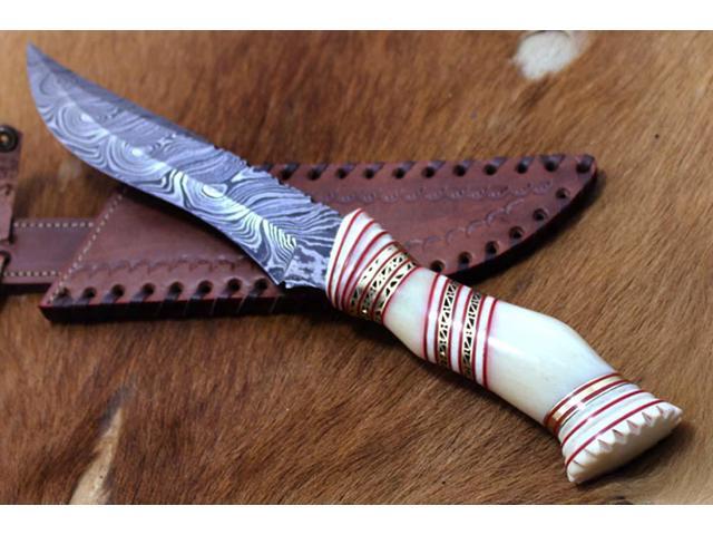 13' Long hand forged Damascus steel skinning knife, Engraved Camel bone scale crafted with engraved brass & Camel bone spacer hunting knife, Cow...