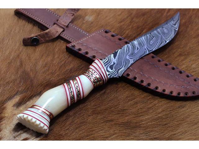 13' Long hand forged Damascus steel skinning knife, Engraved Camel bone scale crafted with engraved brass & Camel bone spacer hunting knife, Cow...