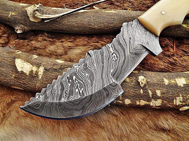 10' Long hand forged twist pattern full tang hand forged Damascus steel tracker knife, Natural Camel bone scale with inserting holes, Cow hide...