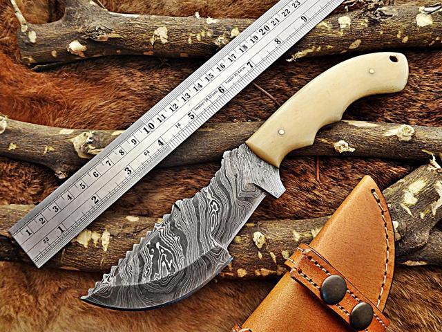 10' Long hand forged twist pattern full tang hand forged Damascus steel tracker knife, Natural Camel bone scale with inserting holes, Cow hide...