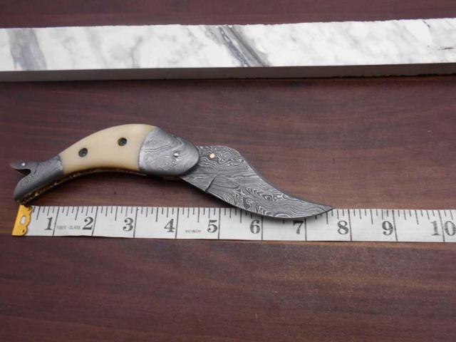 Damascus steel hand forged custom rain drop patren 8' folding pocket knife 4' blade Natural Camel Bone & Damascus bolster scale, cow leather sheath...