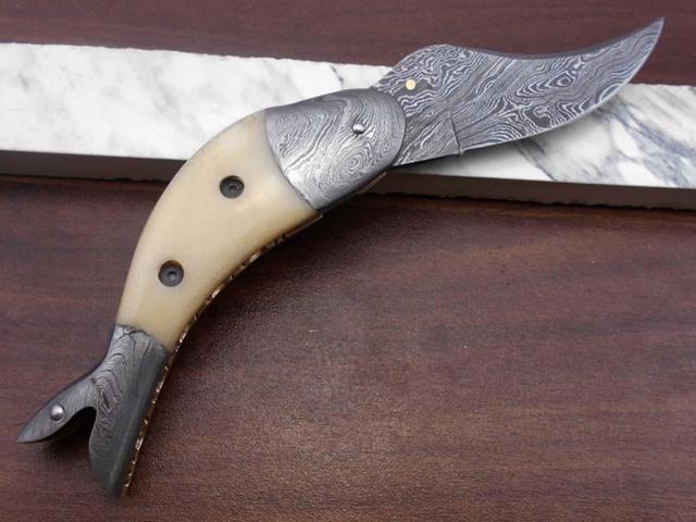 Damascus steel hand forged custom rain drop patren 8' folding pocket knife 4' blade Natural Camel Bone & Damascus bolster scale, cow leather sheath...
