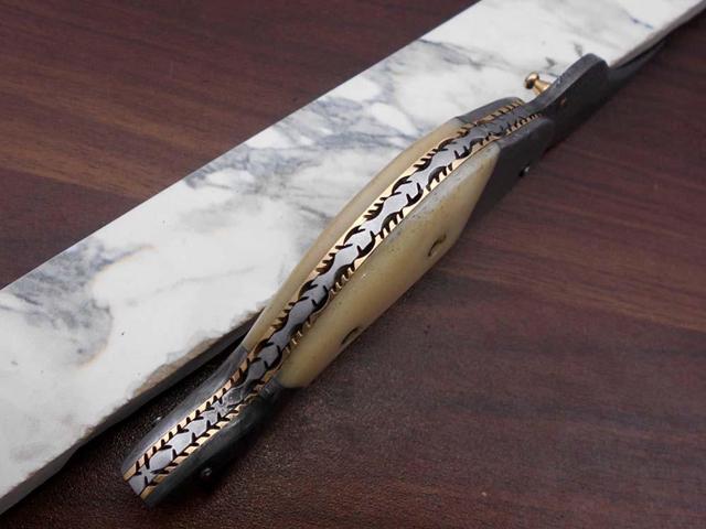 Damascus steel hand forged custom rain drop patren 8' folding pocket knife 4' blade Natural Camel Bone & Damascus bolster scale, cow leather sheath...