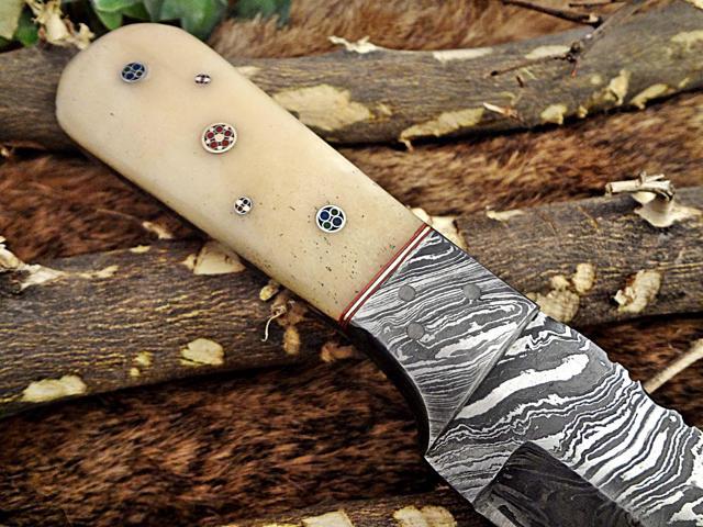 8' Long hand forged Damascus steel full tang Tanto blade custom made hunting Knife, Camel bone with Damascus Bolster, Cow leather sheath