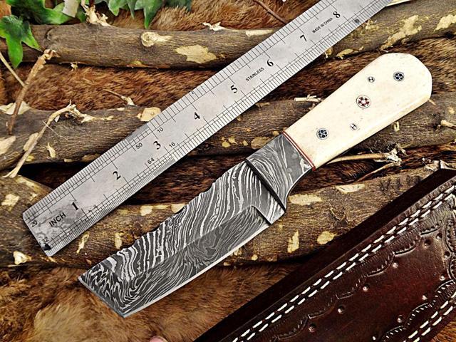 8' Long hand forged Damascus steel full tang Tanto blade custom made hunting Knife, Camel bone with Damascus Bolster, Cow leather sheath