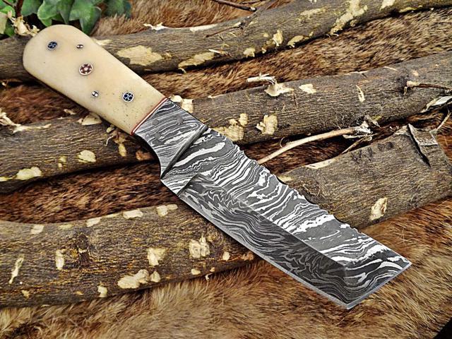 8' Long hand forged Damascus steel full tang Tanto blade custom made hunting Knife, Camel bone with Damascus Bolster, Cow leather sheath