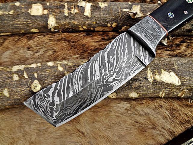 8' Long hand forged Damascus steel full tang Tanto blade custom made hunting Knife, Natural Bull horn scale with Damascus Bolster, Cow leather sheath