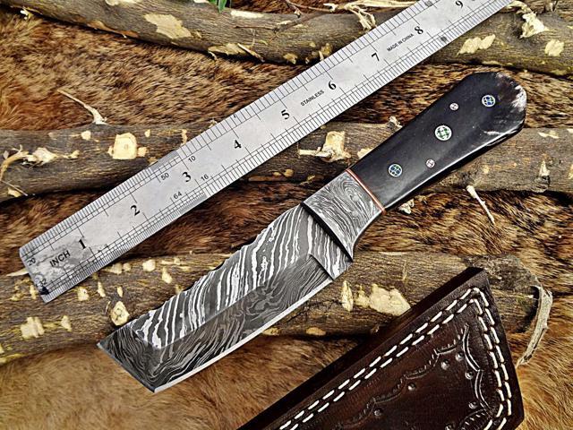 8' Long hand forged Damascus steel full tang Tanto blade custom made hunting Knife, Natural Bull horn scale with Damascus Bolster, Cow leather sheath