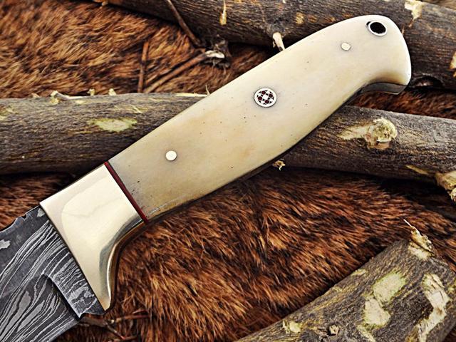 9.5' Long hand forged Hunting knife, 4.5' full tang Damascus steel drop point blade, Natural Camel bone scale with hole, Cow leather sheath White