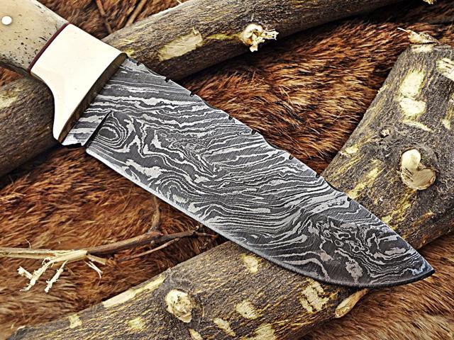 9.5' Long hand forged Hunting knife, 4.5' full tang Damascus steel drop point blade, Natural Camel bone scale with hole, Cow leather sheath White