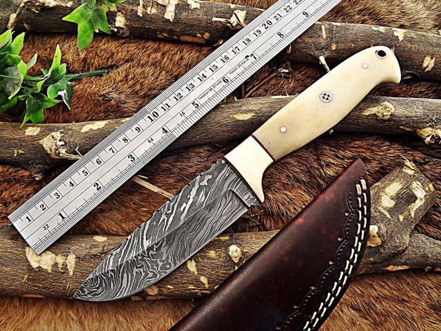 9.5' Long hand forged Hunting knife, 4.5' full tang Damascus steel drop point blade, Natural Camel bone scale with hole, Cow leather sheath White