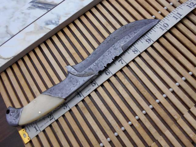10.5 Long hand forged Damascus steel skinning Knife,5.5' full tang blade, Natural Camel bone scale with Damascus bolster & Pommel, Cow hide Leather...