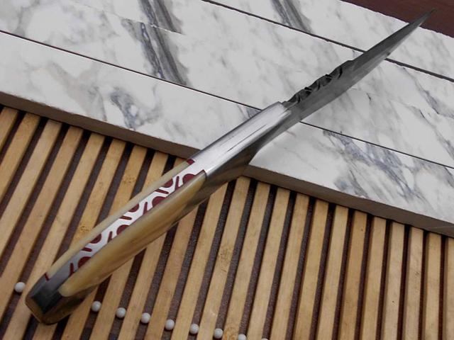 10.5 Long hand forged Damascus steel skinning Knife,5.5' full tang blade, Natural Camel bone scale with Damascus bolster & Pommel, Cow hide Leather...