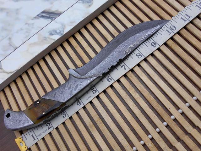 10.5 Long hand forged Damascus steel skinning Knife,5.5' full tang blade, Natural Ram horn scale with Damascus bolster & Pommel, Cow hide Leather...