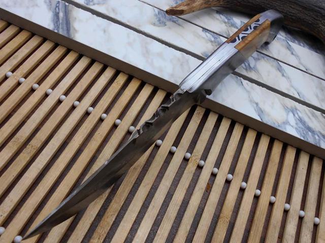 10.5 Long hand forged Damascus steel skinning Knife,5.5' full tang blade, Natural KOW wood scale with Damascus bolster & Pommel, Cow hide Leather...