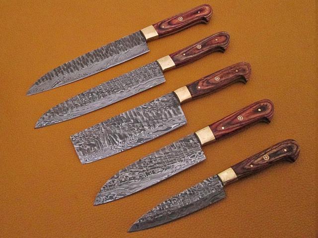 5 Pieces Damascus steel Hammered kitchen knife set, Custom made hand forged Damascus steel Kitchen knives with Goat suede Leather Roll bag, Overall...
