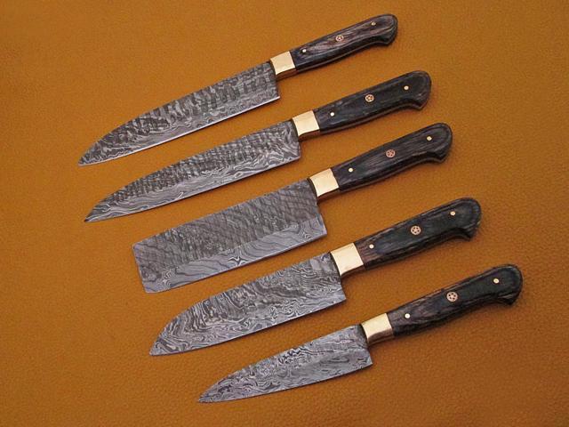 5 Pieces Black Damascus steel Hammered kitchen knife set, Custom made hand forged Damascus steel Kitchen knives with Goat suede Leather Roll bag,...