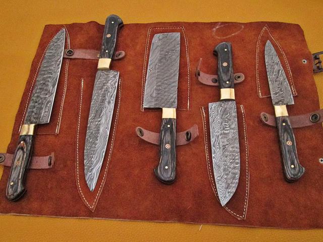 5 Pieces Black Damascus steel Hammered kitchen knife set, Custom made hand forged Damascus steel Kitchen knives with Goat suede Leather Roll bag,...