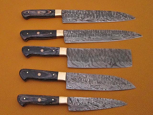 5 Pieces Black Damascus steel Hammered kitchen knife set, Custom made hand forged Damascus steel Kitchen knives with Goat suede Leather Roll bag,...