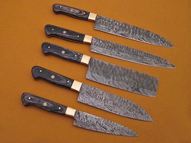 5 Pieces Black Damascus steel Hammered kitchen knife set, Custom made hand forged Damascus steel Kitchen knives with Goat suede Leather Roll bag,...