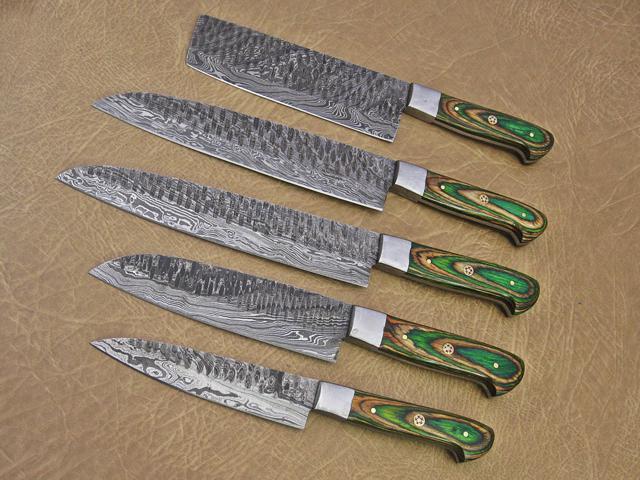 5 Pieces Damascus steel Hammered kitchen knife set, Custom made hand forged Damascus steel Kitchen knives with Goat suede Leather Roll bag, Overall...