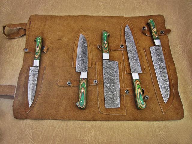 5 Pieces Damascus steel Hammered kitchen knife set, Custom made hand forged Damascus steel Kitchen knives with Goat suede Leather Roll bag, Overall...