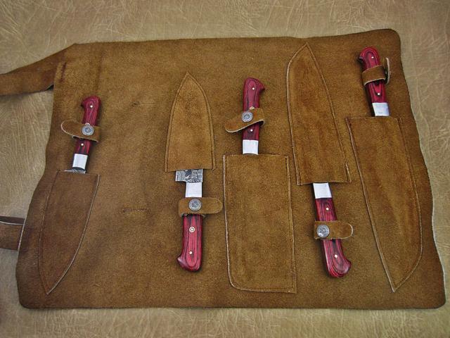 5 Pieces Damascus steel Hammered kitchen knife set, Custom made hand forged Damascus steel Kitchen knives with Goat suede Leather Roll bag, Overall...