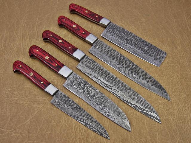 5 Pieces Damascus steel Hammered kitchen knife set, Custom made hand forged Damascus steel Kitchen knives with Goat suede Leather Roll bag, Overall...