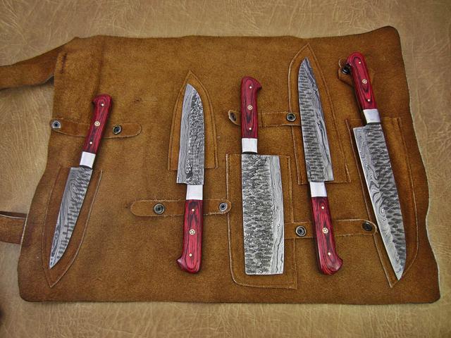 5 Pieces Damascus steel Hammered kitchen knife set, Custom made hand forged Damascus steel Kitchen knives with Goat suede Leather Roll bag, Overall...