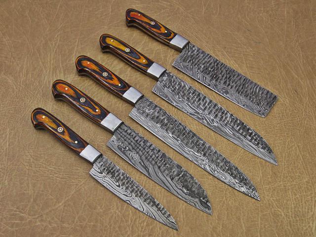 5 Pieces Damascus steel Hammered kitchen knife set, Custom made hand forged Damascus steel Kitchen knives with Goat suede Leather Roll bag, Overall...