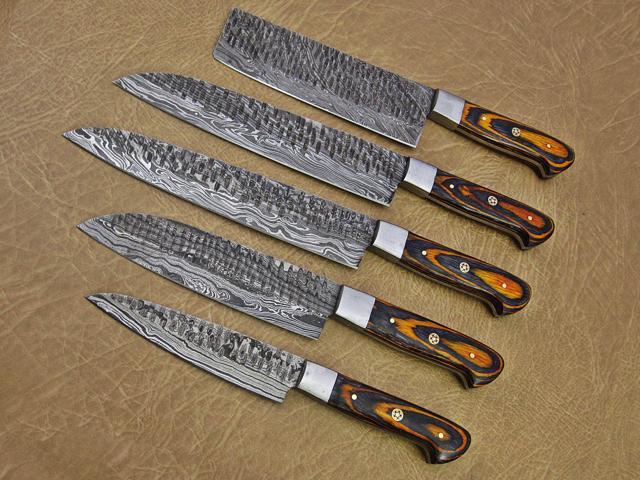 5 Pieces Damascus steel Hammered kitchen knife set, Custom made hand forged Damascus steel Kitchen knives with Goat suede Leather Roll bag, Overall...