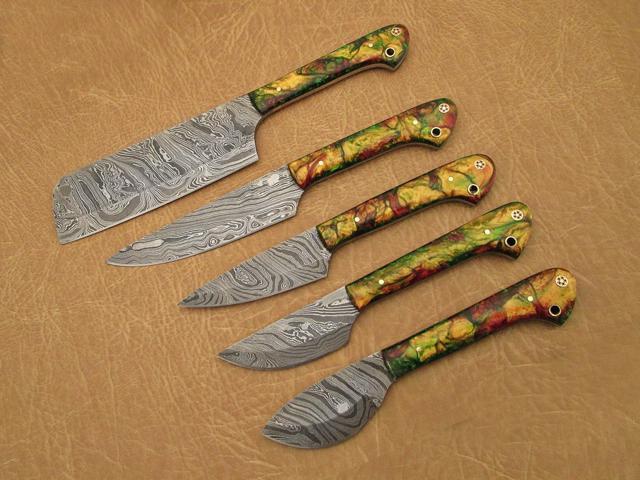 Damascus steel kitchen utility knife 5 pieces set, Overall Length of All Set (10.6+9.6+9.0+8.0+7.6)Inches (approximately)long custom made Damascus...