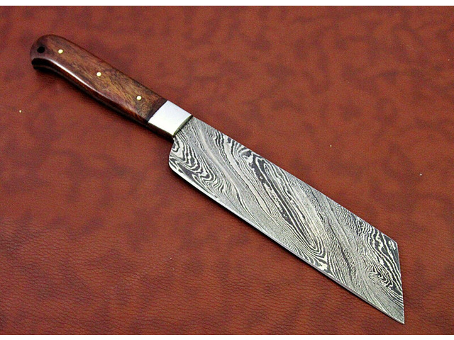 12 Inches long custom made Damascus steel full tang butcher Knife 7' full tang blade blade Natural Kow wood scale with brass bolster Brown
