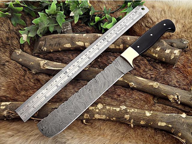 Damascus steel Salmon Knife, Kitchen spatula knife. 13.5' long fixed straight blade, 9' blade Bull horn 5' scale with brass bolster